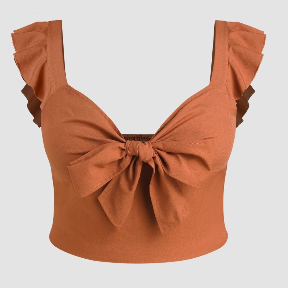 NEW Cider Resort Fairy Grunge Boho Bow Ruffle Crop Top Plus Rust Brown 1XL 16 18